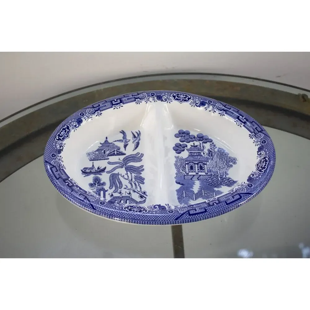Churchill Blue Willow Oval Divided Serving‎ Dish Staffordshire  England 10”